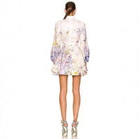 Womens Printed Buttoned Waistband Long-Sleeve Dress