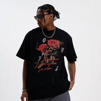 Street Rhinestone Rose Direct Injection Printing Drop Shoulder Loose Couple T-shirt