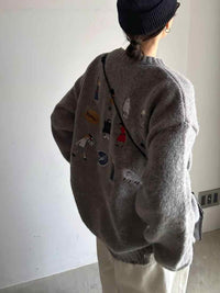 Gray Sweater Women's Loose Cartoon Embroidery Knitted Top