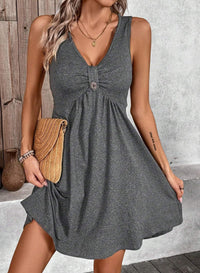 Womens Solid Color V-Neck Buttoned Short-Sleeve Dress
