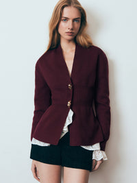Metal Button Cardigan V-neck Long Sleeve Slit Sweater Women