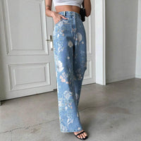 Women's American-style Vintage Blue Floral Print Jeans
