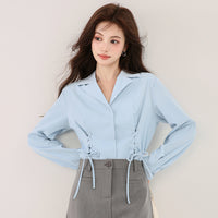 New Blue French-style Suit-collar Shirt With A Tie Waist And Long Sleeves