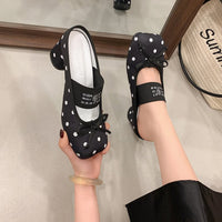 French Retro Bow Mary Jane Shoes With Toe Caps, Half Drag Ballet High Heels, Women's Casual Thick Heels