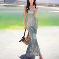 Green Sculptural Floral Print Two-Piece V-Neck Short-Sleeve Dress