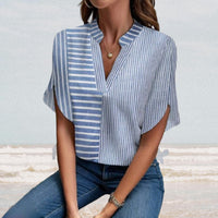 Summer New Stand Collar Pullover Striped Printed Casual Shirt