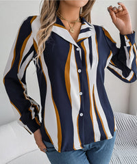 Women's Casual Versatile Color Block Stripe Notched Lapel Long Sleeve Shirt