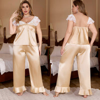 Plus Size Ic Silk Womens Summer Lace Sexy Short Sleeve Pants Loungewear Set