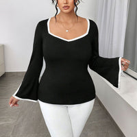 Black Socialite Style Square-neck Flared Sleeve Slimming Top