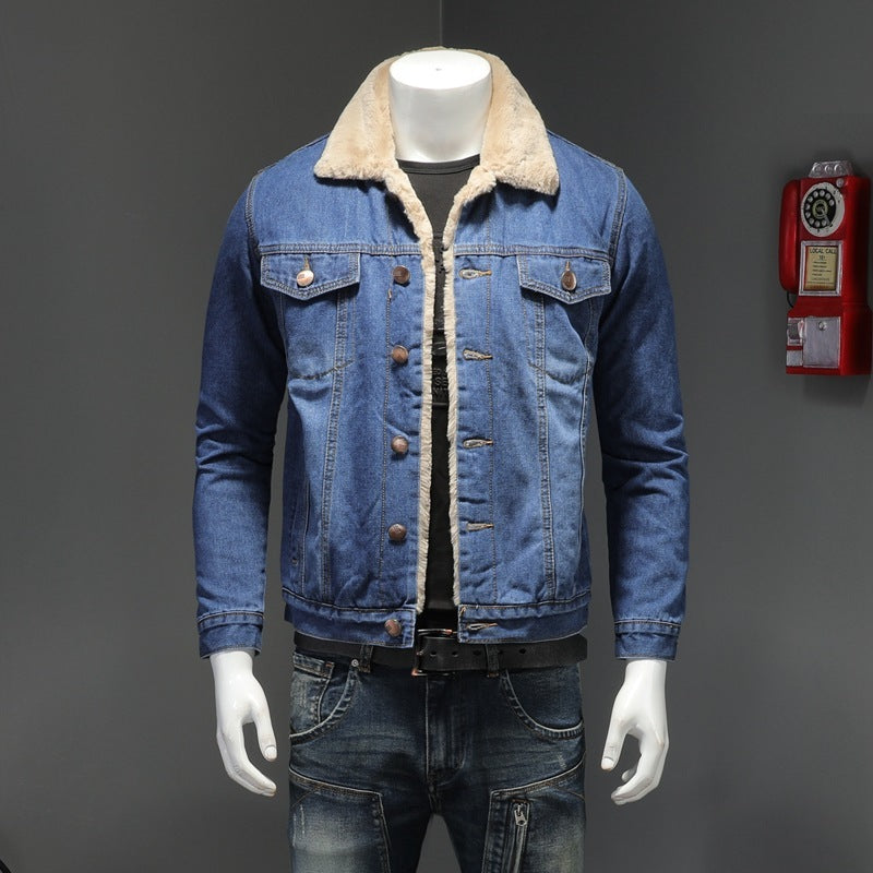 Men's Japanese Trendy Fleece-lined Thickened Denim Jacket Coat