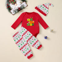 Christmas Tree Print Long-sleeve Bodysuit Pants Hat 3-piece Party Outfit