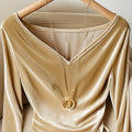 Top Champagne V-neck Long Sleeve Pleuche Pleated Female Winter