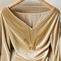 Top Champagne V-neck Long Sleeve Pleuche Pleated Female Winter