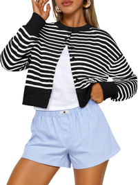 Buttoned Long-sleeve Crew-neck Solid-color Cropped Knit Sweater