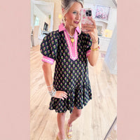 Floral-print Lace Puffed-sleeve Dress