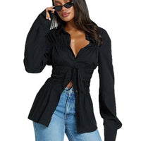 Womens Stylish Elegant Lapel Blouse With Pleated Details And Long Sleeves