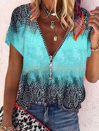 Printed V-neck Short Sleeved Casual Shirt Top