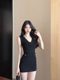 Womens Slim-fit Knitted V-neck Sleeveless Dress