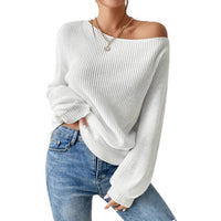 Commute Style Autumn And Winter New Personalized Off-the-shoulder Pullover Knitting Solid Color Loose Leisure All-matching Pullover Boat Neck Sweater