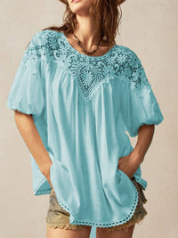 Lace-panelled Round-neck Short-sleeve Loose Womens Blouse