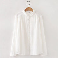 Womens Retro Small Lapel Double-Layer Cotton Yarn Long-Sleeve Shirt