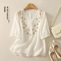 Embroidered Women's Elegant Lace V-neck Half Sleeves Pullover Shirt