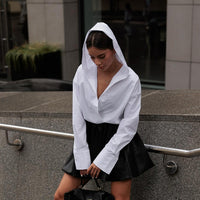 Cotton White Long Sleeve Hooded Shirt