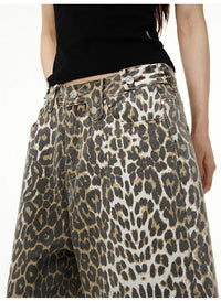 Retro High Street Leopard Print Denim Shorts