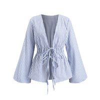 European And American Style Striped Long-sleeve Tie-waist Women's Shirt