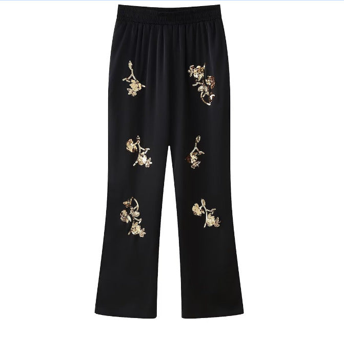 Women's Embroidered Beads Long Sleeve Trousers Suit