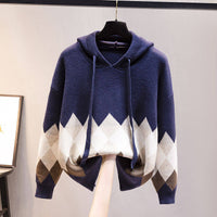 European And American-style Hooded Sweater Loose-fit Diamond-patterned Base Knit Top