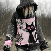 Drop-Shoulder Vintage Womens Printed Loose Hooded Top