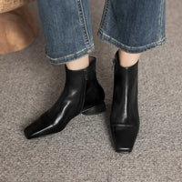 Women's Fashion Cowhide Shoes With A Square Toe, Side Zipper, And Chunky Mid-heel