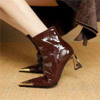 Wine-Red Sheepskin Patent Leather Pointed-Toe Ankle Boots For Women With A Stiletto Heel