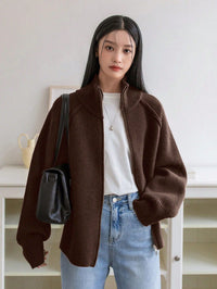 Solid Color Stand Collar Zipper Knitted Cardigan Top
