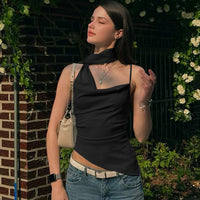 Womens Allure-Style Halterneck Flowy Strap Solid-Color One-Shoulder Camisole Top