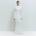 Simple Solid-Color Scoop Neck Backless Pleated Bodycon Long-Sleeve Dress