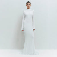 Simple Solid-Color Scoop Neck Backless Pleated Bodycon Long-Sleeve Dress