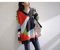 Women's V-neck Rainbow Color Idle Style Knitted Sweater