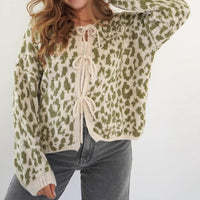Round Neck Tied Leopard Print Knitted Cardigan Sweater