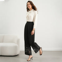 Solid-color Sheer Lace-panel Straight-leg Pants For Women