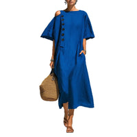 Solid-color Linen Crew-neck Short-sleeve Casual Dress For Women