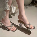 Water Diamond Sandals Versatile Fairy Style Cross Toed Crystal And Thick Heel Sandals