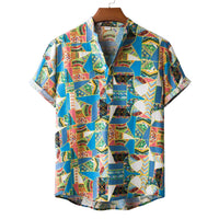 Men's Ethnic Style Printed Cotton And Linen Short Sleeve Linen Shirt
