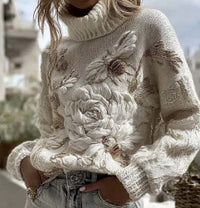 Womens High-neck Pullover Chunky-knit Jacquard Sweater