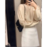 Lace-up Solid Color Gentle And All-match Round Neck Long Sleeve Shirt