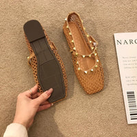 French Style Hollow-out Nude Apricot Temperament Sandals For Women, New 2026 Summer Gentle Rivet Fairy Mary Jane Mesh Sandals