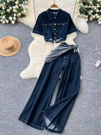 Womens Single-Breasted Short Denim Jacket And Wide-Leg Pants Set