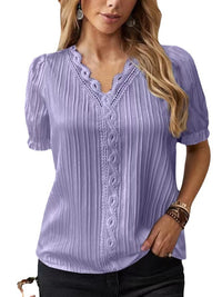 New V-neck Solid Color Lace Hollow-out Short-sleeve Shirt