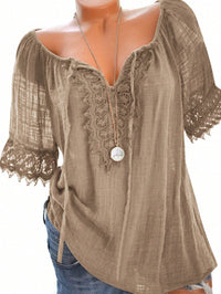 Women's Solid Color Contrast Lace Short Sleeve Casual Shirt